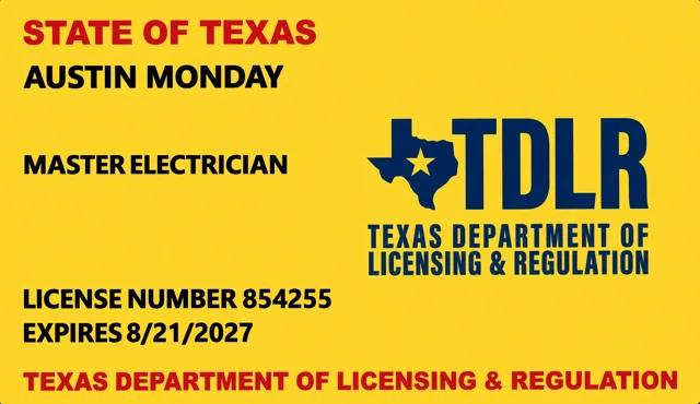Austin Monday &mdash; State of Texas Master Electrician license, TDLR Lic. #854255